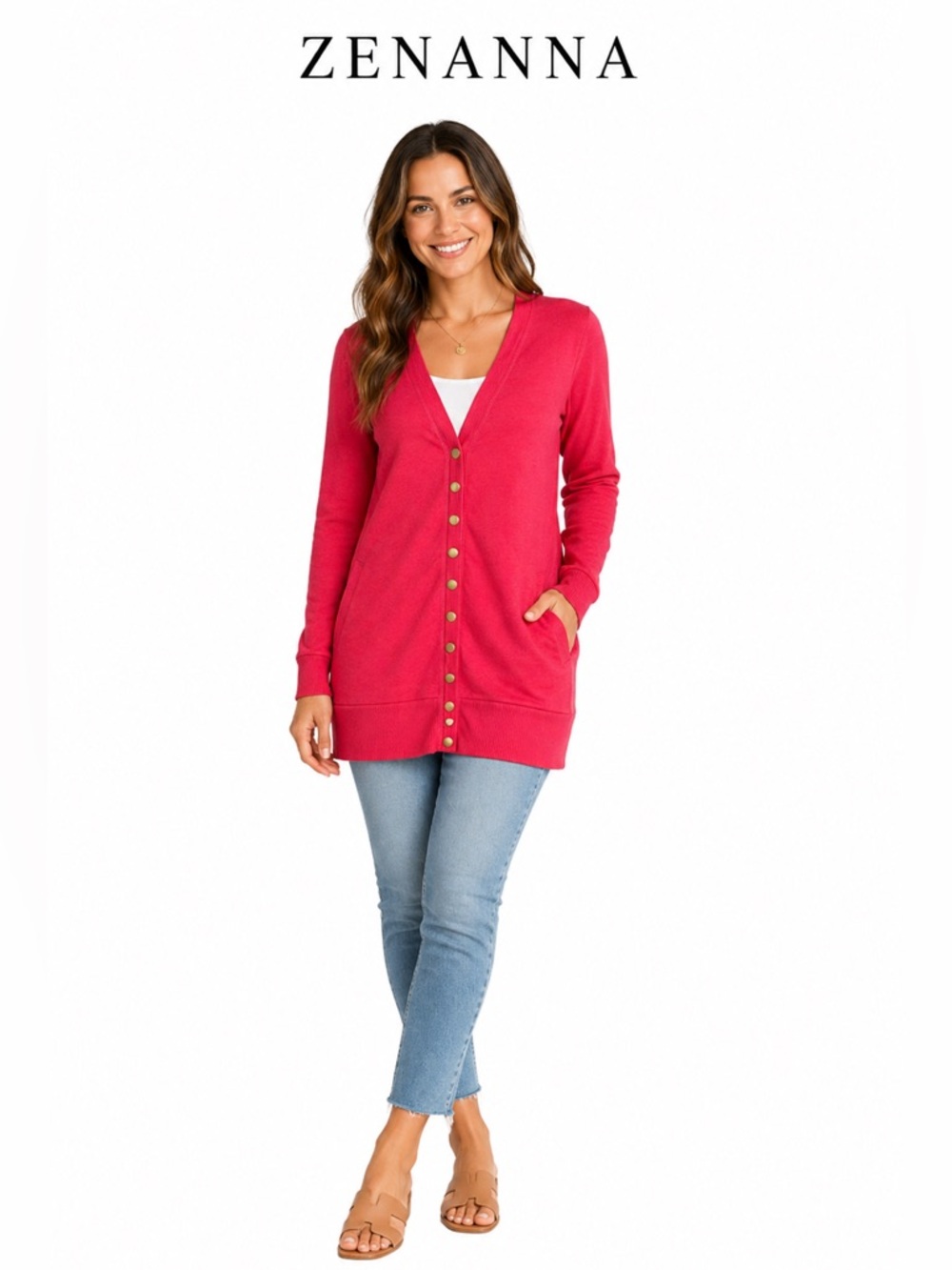 Zenanna Pink Button Front Cardigan Sweater Size M  Pockets‎ NWOT Barbie oldmoney